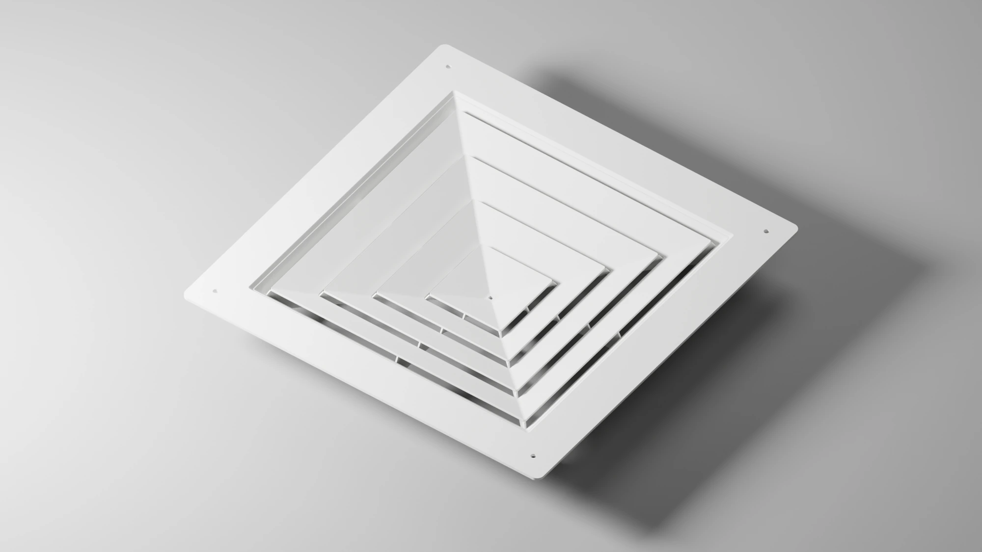 Product rendering of a white square ceiling diffuser with nested directional vanes
