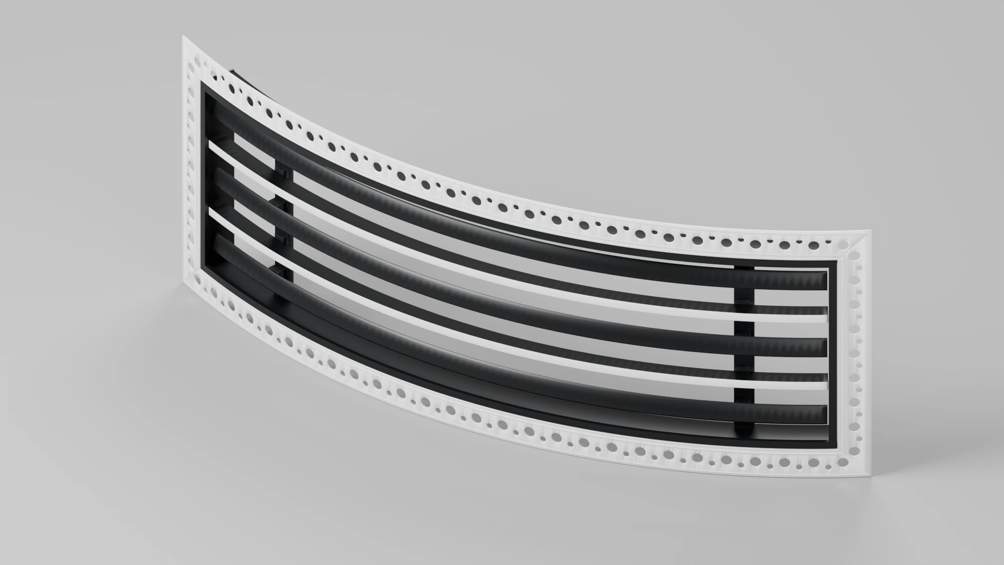 Product rendering of a curved linear diffuser with white perforated frame, white T bars and black directional blades