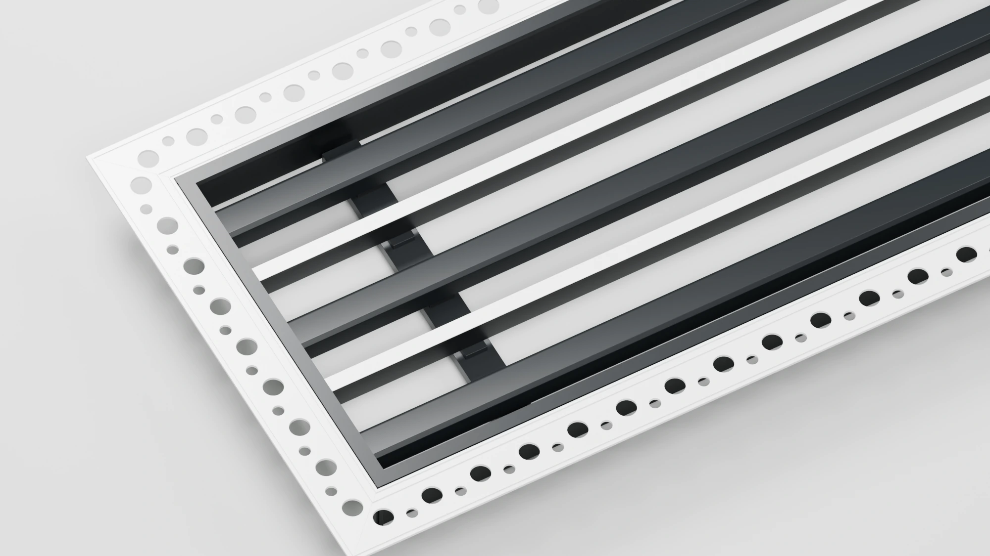 Rendered detail of a T-type plaster-in diffuser with perforated frame and directional blades