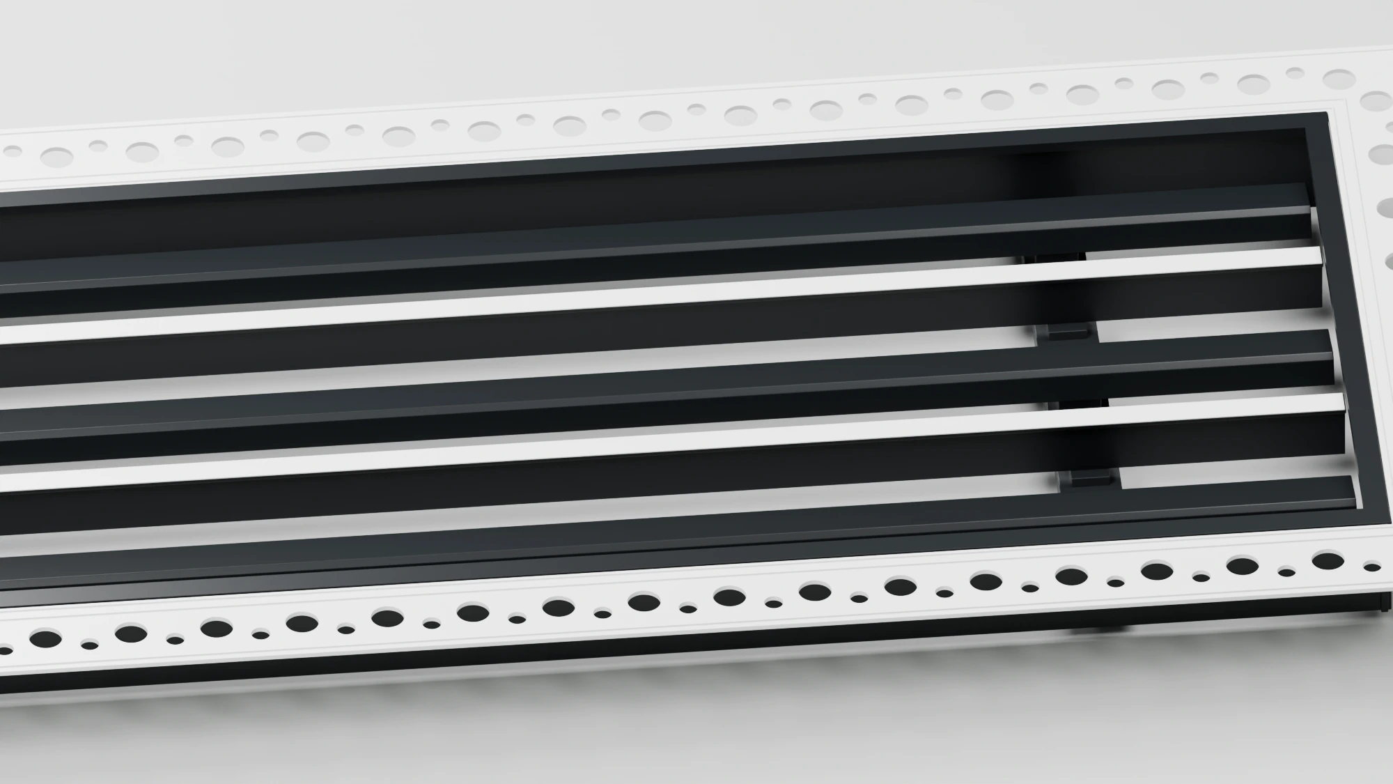 Rendered close-up of white T bars and black directional blades in a plaster-in diffuser